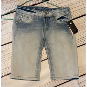 Miss Me Girls Light Wash Rhinestone Fleur-De-Lis Bermuda Denim Shorts Size 8